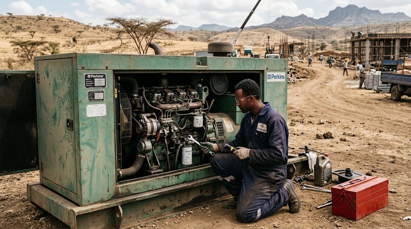 Diesel generator undergoing scheduled maintenance at an Ethiopian construction site