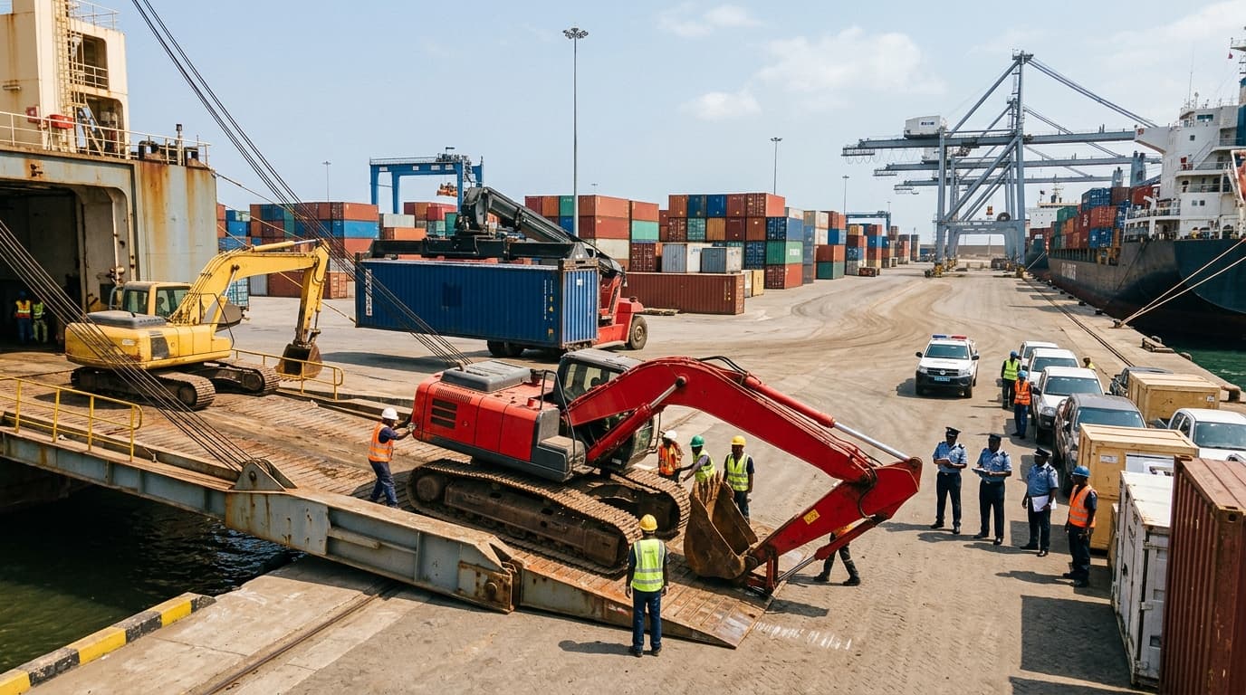 Heavy construction machinery being processed through customs and logistics terminal in Ethiopia