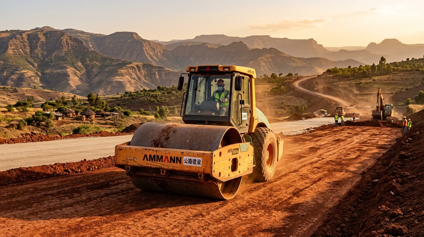 Heavy road roller compacting a sub-base layer on an Ethiopian highway construction project