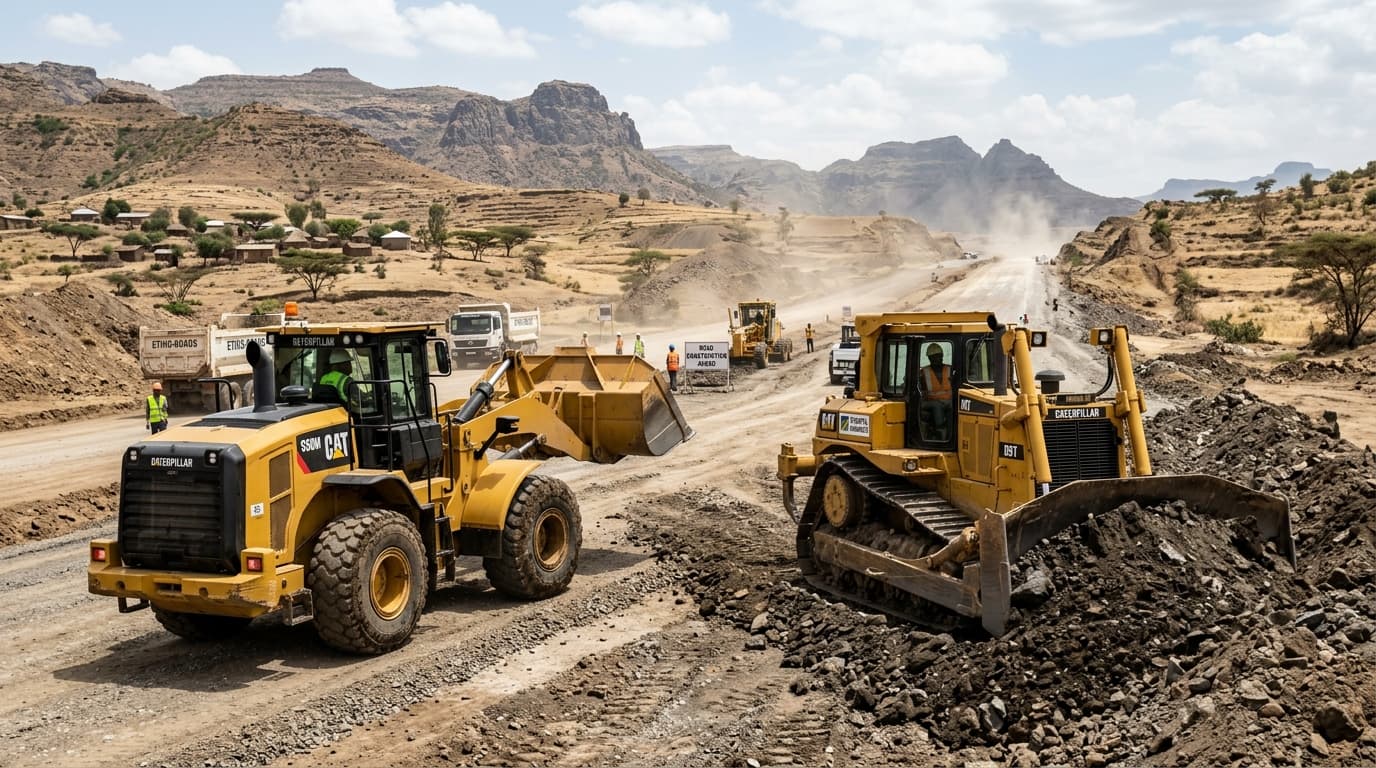 Modern wheel loader and crawler bulldozer working on a road construction project in Ethiopia