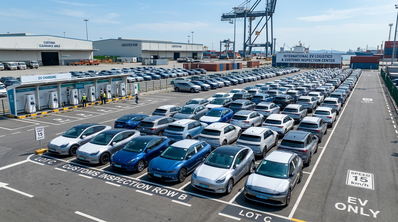 Electric vehicle fleet being imported and processed through customs clearance in Ethiopia