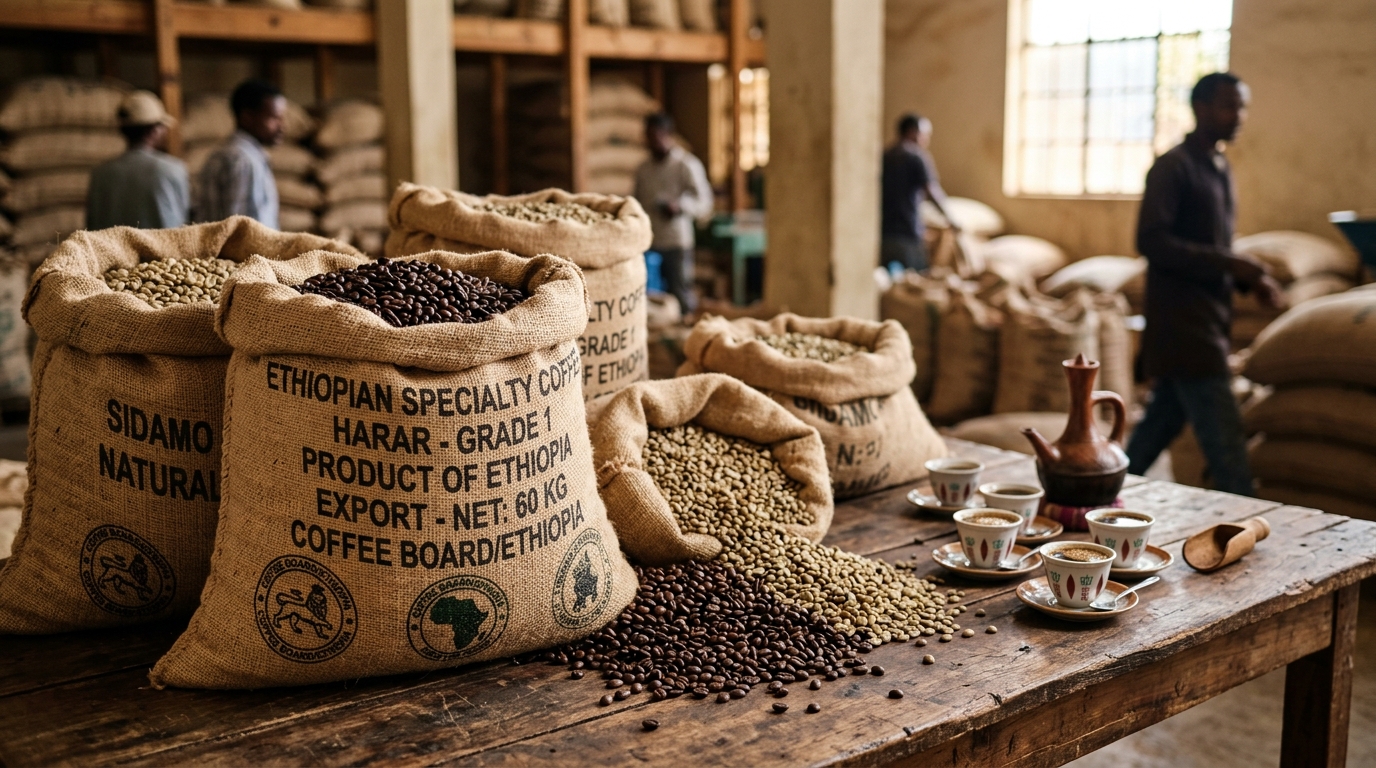 Premium Ethiopian washed Yirgacheffe coffee beans ready for international export
