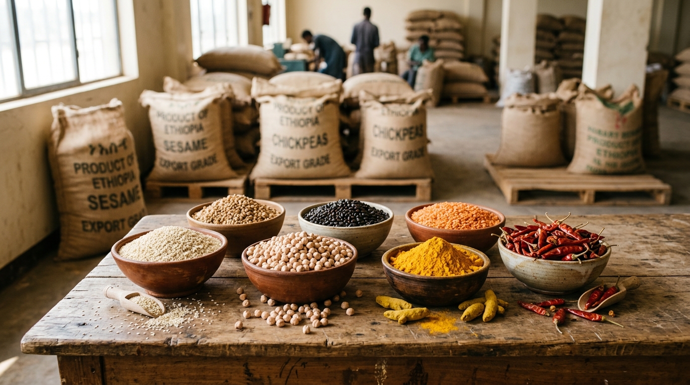 Ethiopian turmeric, fenugreek, sesame seeds, and spices prepared for international export
