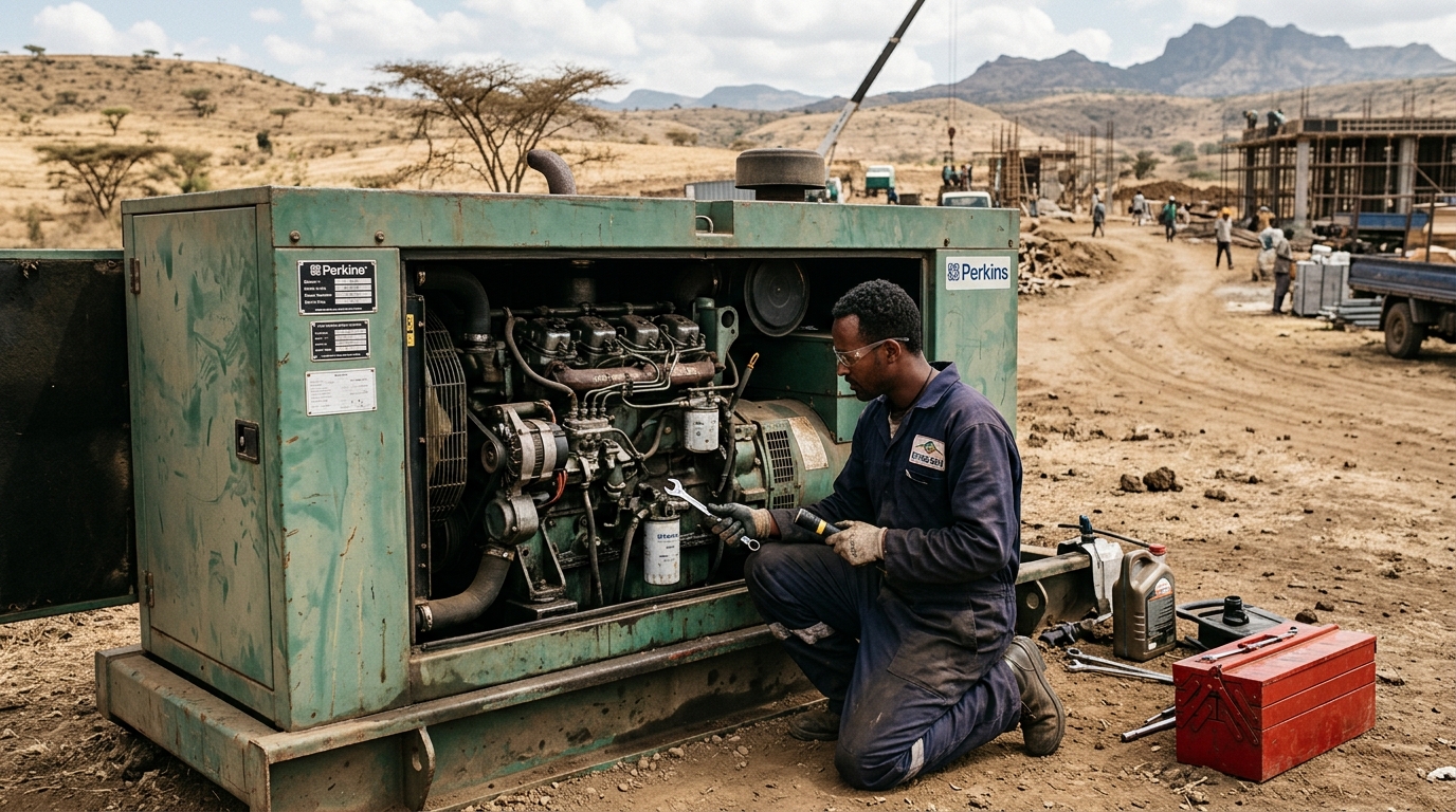 Diesel generator undergoing scheduled maintenance at an Ethiopian construction site