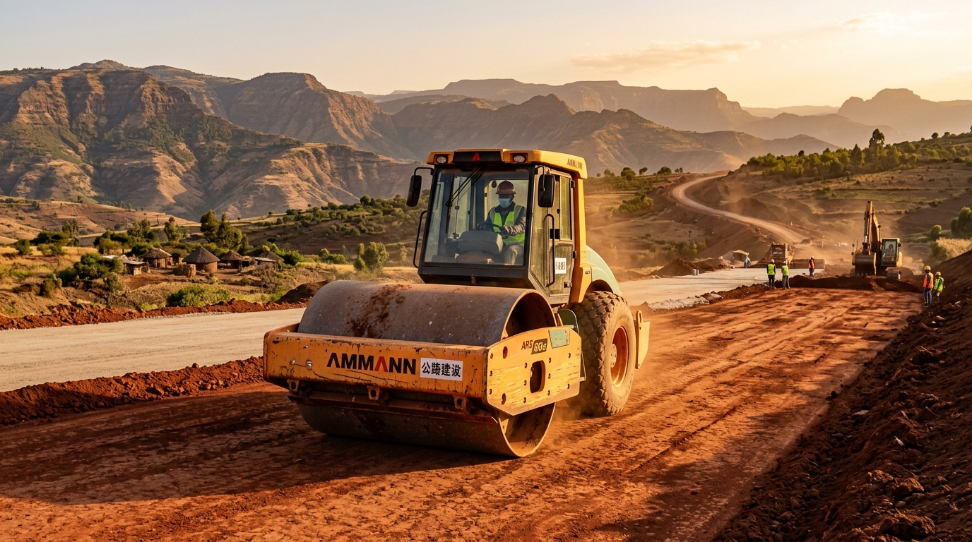 Heavy road roller compacting a sub-base layer on an Ethiopian highway construction project